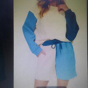 Luxury 2 pcs long-sleeve quilted fabric comfortable cozy loungewear NWT blue